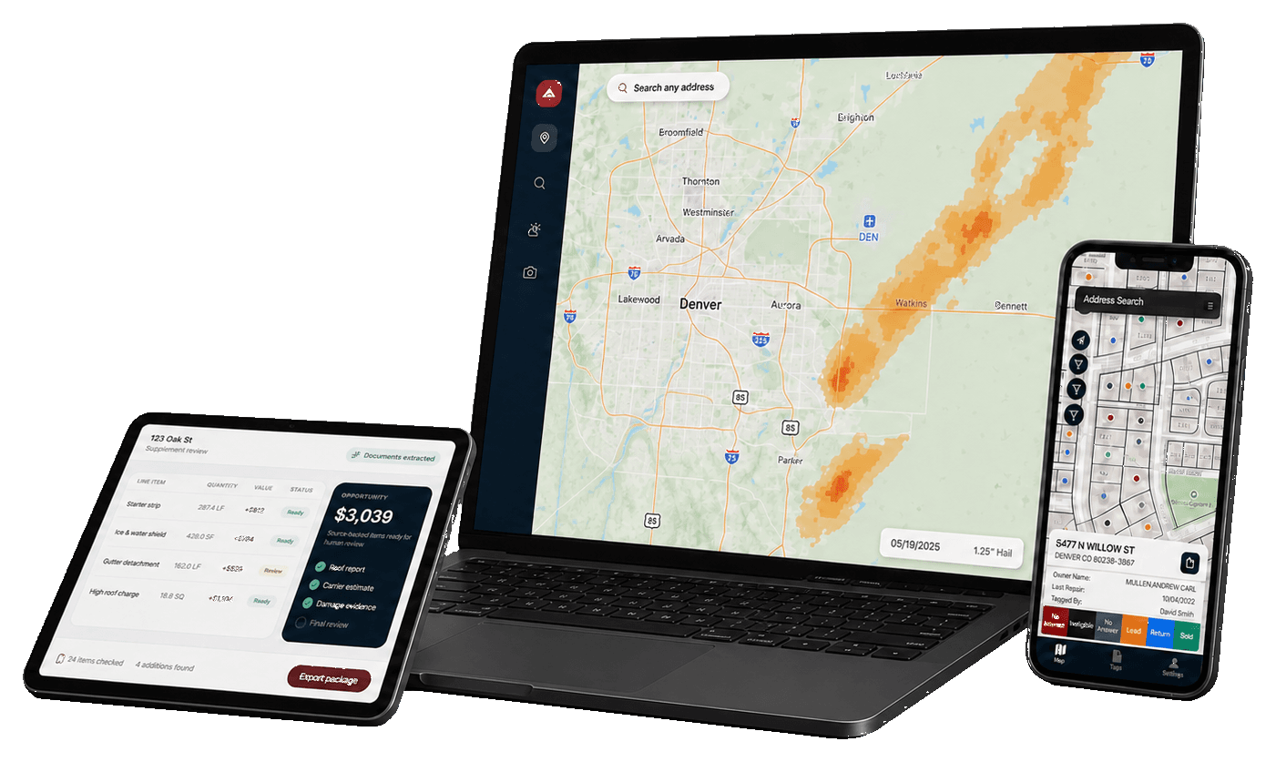 Hail Pro on desktop, tablet, and mobile, showing storm intelligence, supplement review, and field canvassing